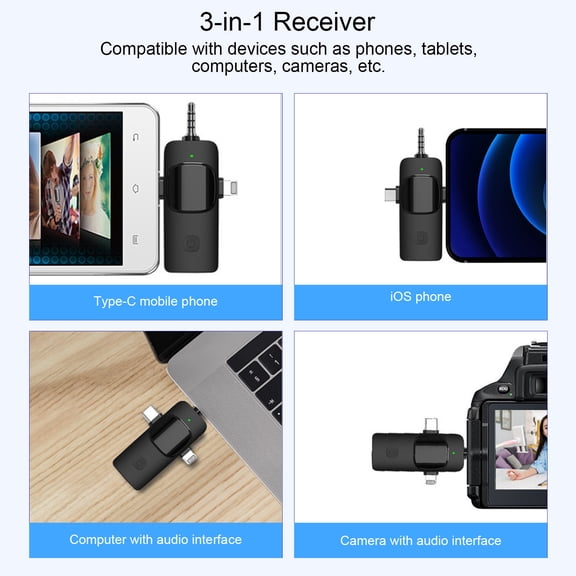 Clip-on Microphone And 3-in-1 Wireless Collar Clip Microphone Clip-on Microphone Mic Transmitter and Receiver with Clip Portable Rechargeable Microphone System for Interview Live Show Vlog Shooting