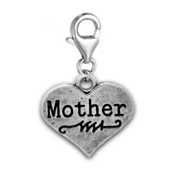 Clip on Mother on Heart Charm Pendant for European Jewelry w/ Lobster Clasp