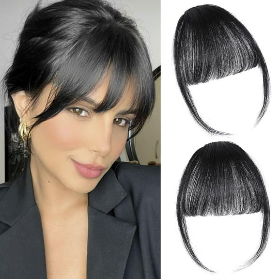 Clip-on Natural Black Human Hair Extensions - Wispy Bangs with Temples for Daily Wear