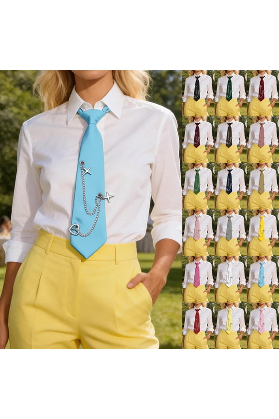 Clip on Neck Ties for Women Girls Men Boys Adjustable Pre tied Womens Tie Moon Chain Necktie for Party Prom School White