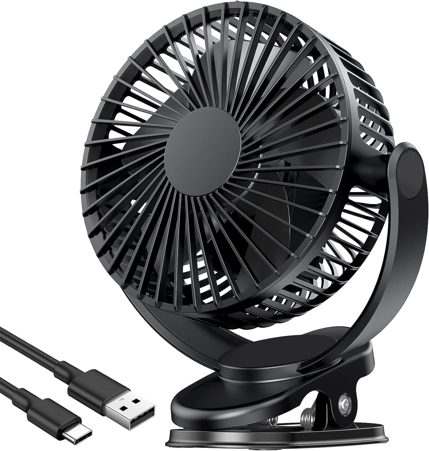 Clip-on Portable Desk Fan, 3 Speeds Adjustable Cooling Fan, 5000mAh Rechargeable Battery with 720° Rotation, Sturdy Clamp Fan for Car, Treadmill, Home and Camping