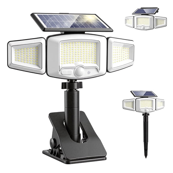HAARAY Clip-On Solar Light,231 LED 3 Heads Motion Sensor Security Lights, IP65 Waterproof, 350° Wide Angle Adjustable Flood Lights with Ground Stake & Clip Mount for Yard, Patio, Garage