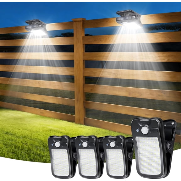 Clip on Solar Lights Outdoor, 3 Modes Motion Sensor 60LEDs 500LM Powered Security for Fence, Deck, Garage, Camping, USB Charging, 4 Black