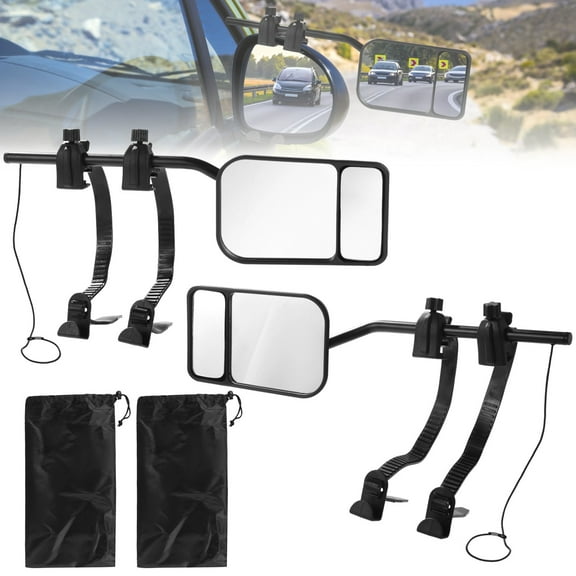Clip-on Towing Mirror Extenders, Left & Right Extended Mirrors for Trucks Cars RVs, Adjustable Side & Rearview Trailer Mirrors with 360 Rotation, Rubber Straps and Storage Bags for Safe Driving