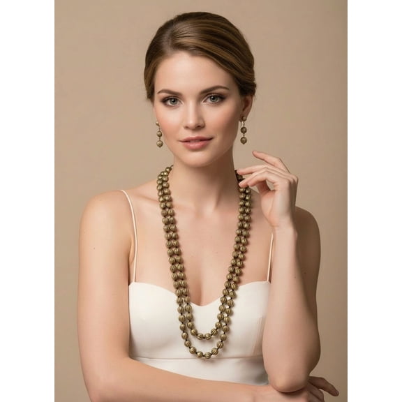 Clip on brass Xlong indented bead necklace and earring set
