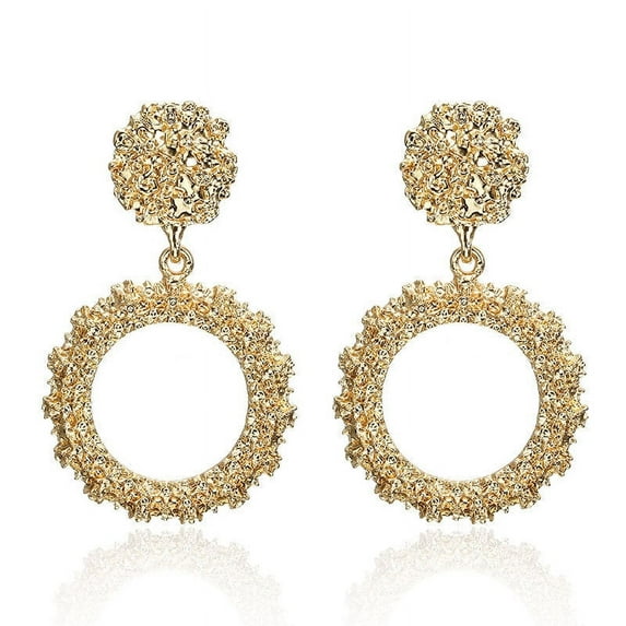 Clip on gold textured dangle hoop earrings