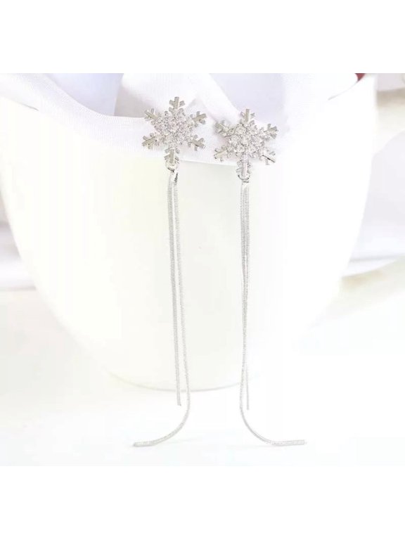 Clip on long silver Snowflake clear stone cluster snake chain earrings