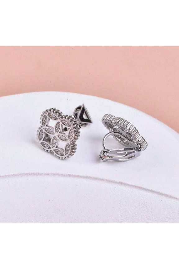 Clip on silver 1/2" small cutout round edge clear stone earrings