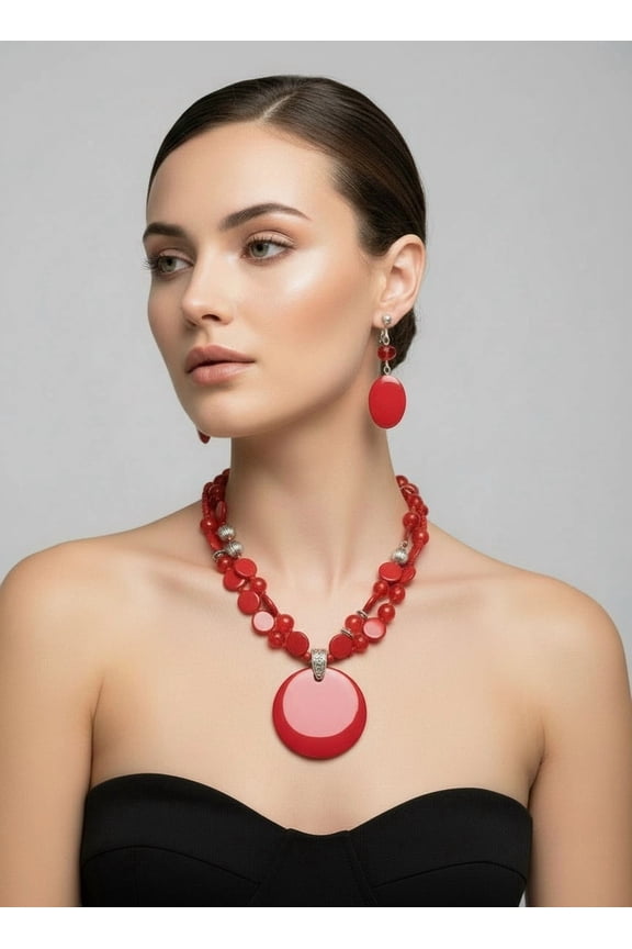 Clip on silver and red shell bead necklace and earring set