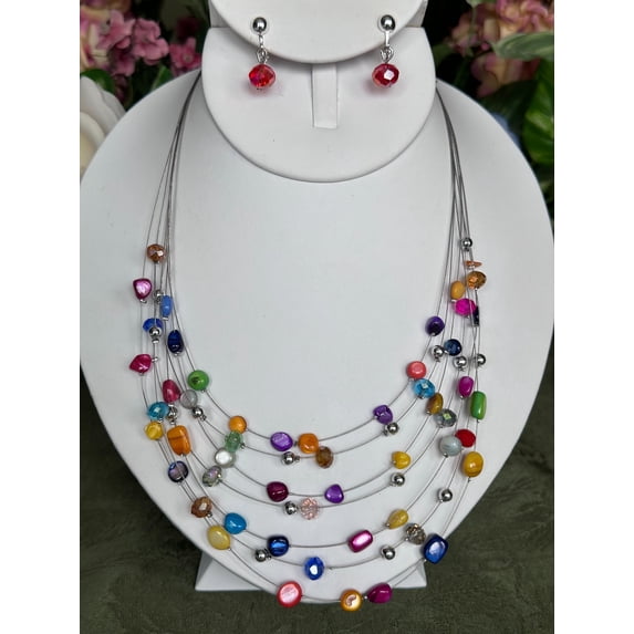Clip on silver and small yellow multi colored odd shaped wire necklace set