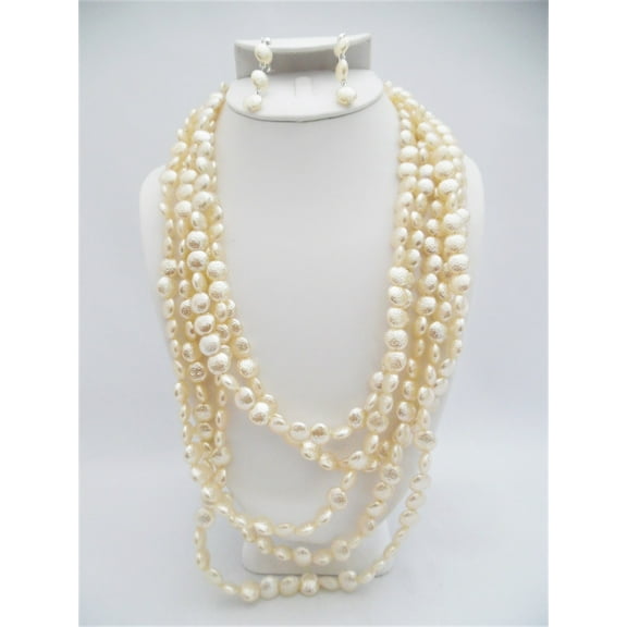 Clip on silver multi chain button pearl necklace and earring set