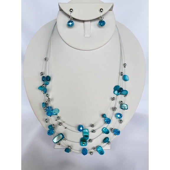 Clip on  silver, turquoise and blue odd shaped bead wire necklace and earring set