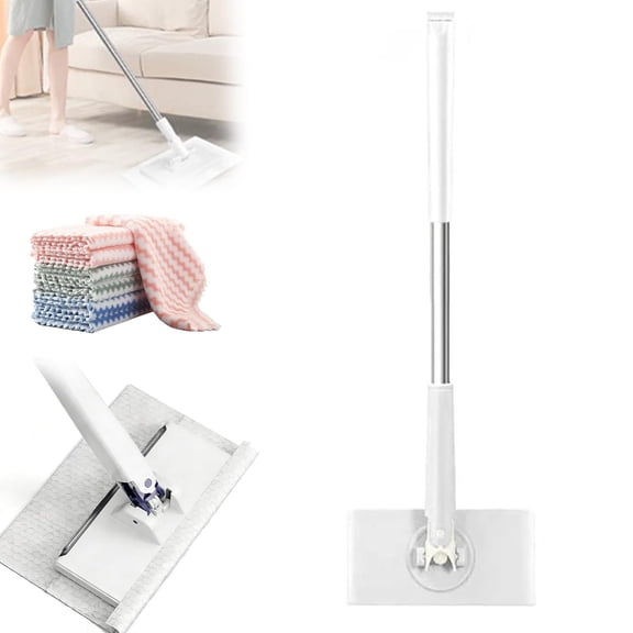 Clip-to-Grip Floor Mop, Snap Grip Mini Mop, Retractable Gap Cleaner Flat Mops with Locking Head & Sweeping Cloths, Long Handle Mopping Sweeper Stick for Floors (28in-W+ Cloth*10)