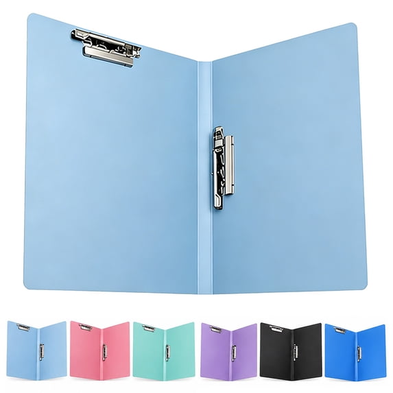 Clipboard Binder, A4 File Cover Clipboards with Double Metal Clips, Plastic Foldable Binder Clipboard with Pen Holder for Office Classroom, Light Blue