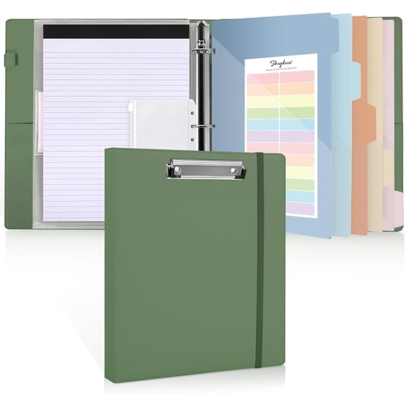 Clipboard Binder with Refillable Notepad, PU Clipboard Folder Includes 5 Dividers with 10 Pockets, Labels, 3 Ring Binder 1 Inch for School Office (Fit Letter Sized Paper),Olivegreen