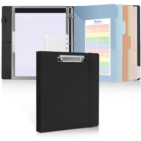 Clipboard Binder with Refillable Notepad, PU Clipboard Folder Includes 5 Dividers with 10 Pockets, Labels, 3 Ring Binder 1 Inch for School Office (Fit Letter Sized Paper), Black