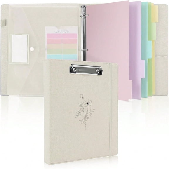 Clipboard Binder with Dividers,1 Inch 3 Ring Binder with Clipboard on Front for Organizer, Clipboard Folder with Pocket, Labels Office Supplies Beige