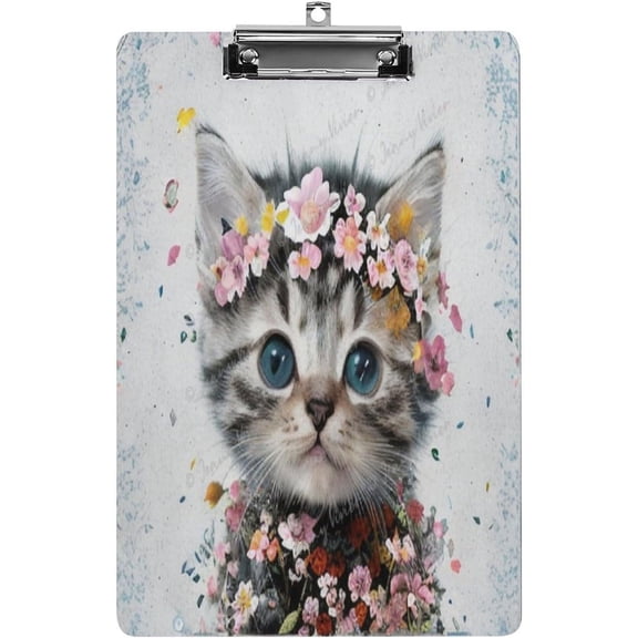 Clipboard with Cute Cat with Flower Crown Design,Decorative Clipboards A4 Letter Size Fashion Clipboards for Office School Wooden Clip Borad with Low Profile Clip 12.6x8.7 in