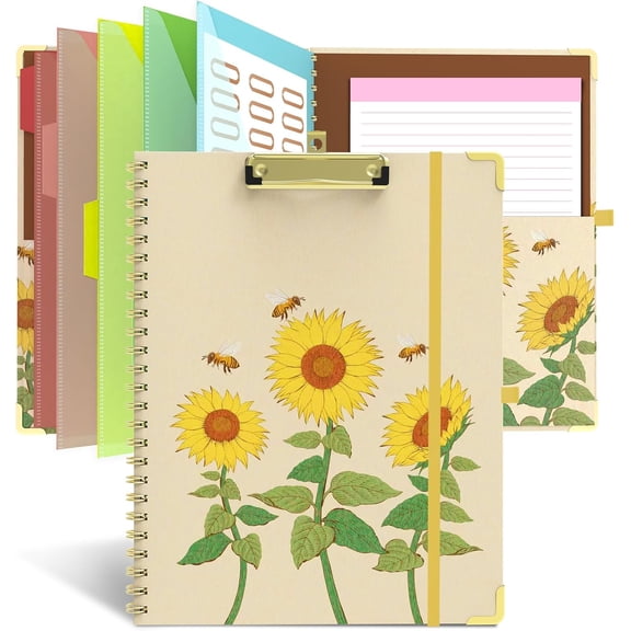 Clipboard Folder with Notepad Refillable Lined for Letter Size (11" x 8.5"), 5 Dividers with Storage 10 Pockets, Cute Spiral Foldable Clipboard with Metal Clip School Office Supplies (Sunflowers)
