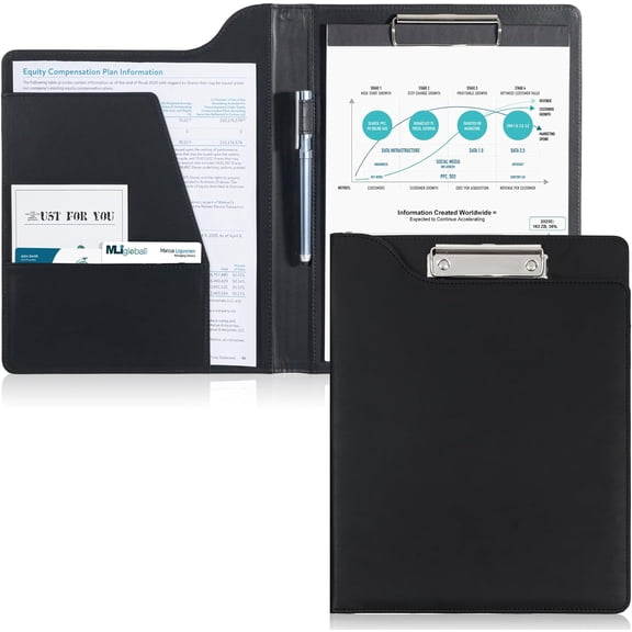 Clipboard Folder Portfolio, A4 Leather Padfolio Clipboard, Professional Business Portfolio Folder for Interview Resume Office Conference -Black