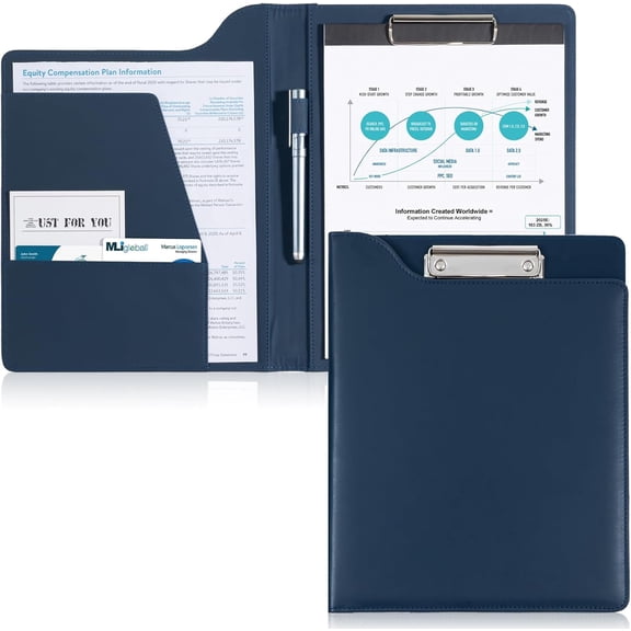 Clipboard Folder Portfolio, A4 Leather Padfolio Clipboard, Professional Business Portfolio Folder for Interview Resume Office Conference -Darkblue