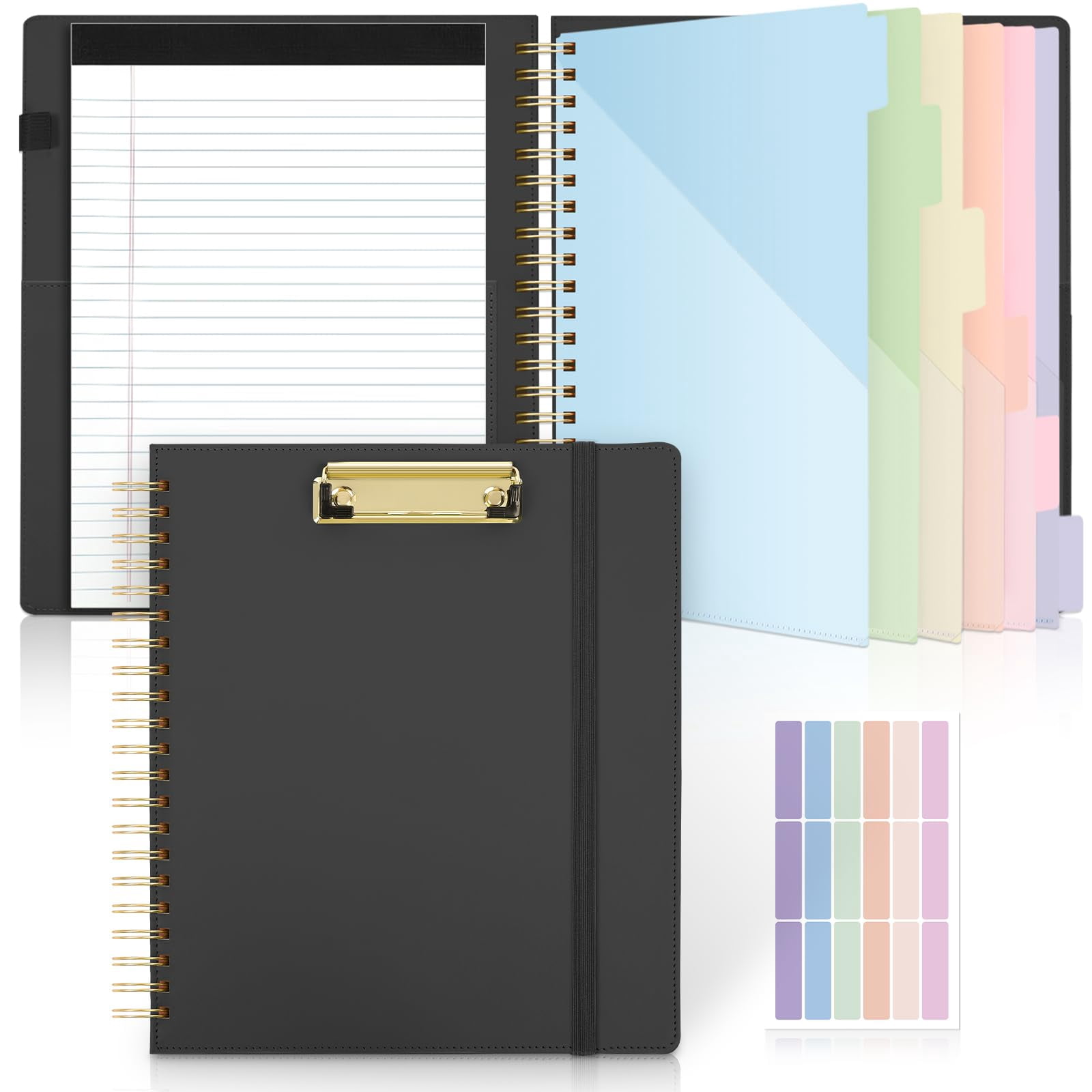 Clipboard Folder With Storage Notebook  6 Dividers 12 Pockets Spiral Folio Stickers 10" * 11.5" Clipboards Padfolio For Teacher Worker Supplies