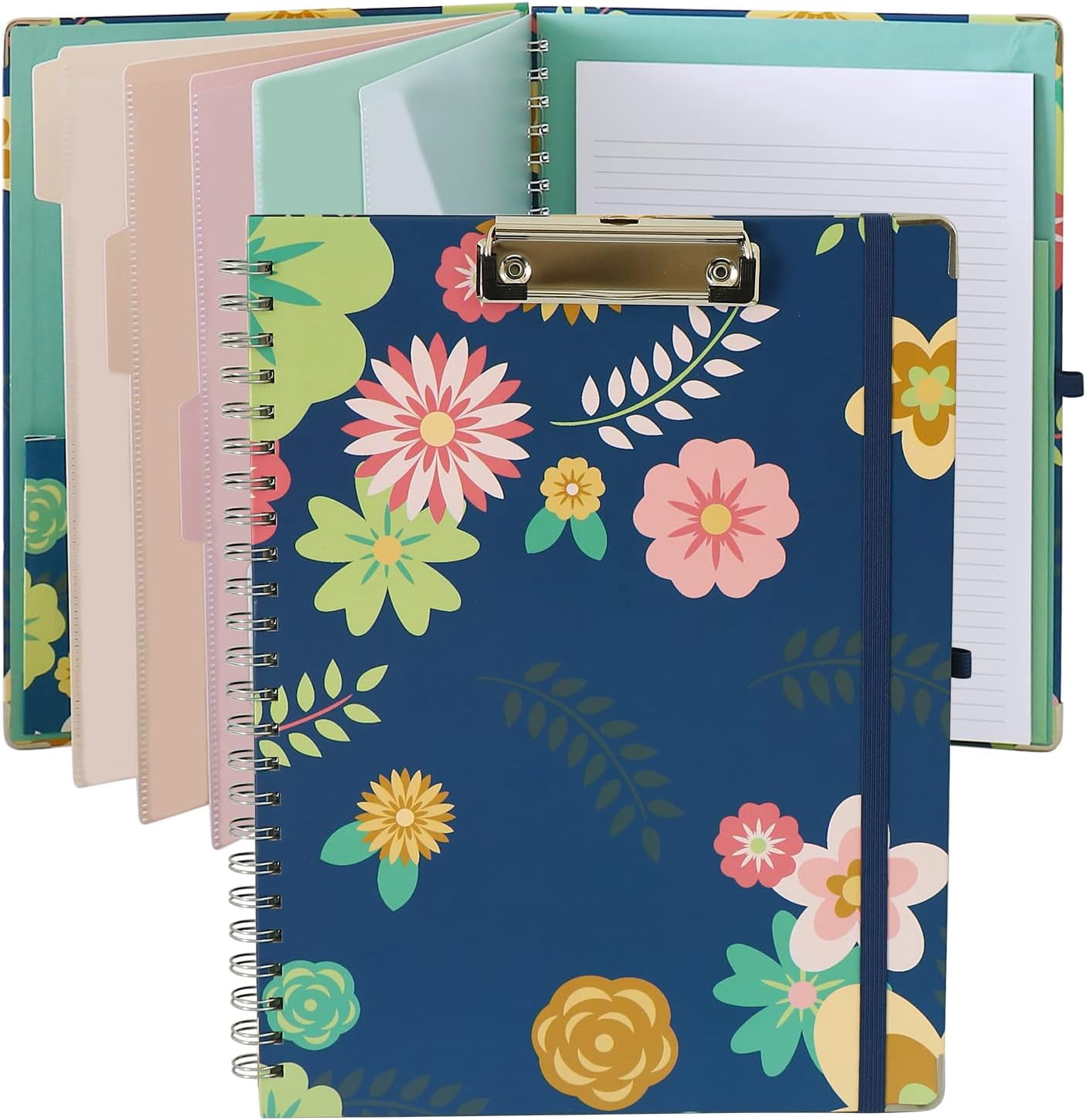 Clipboard Folio Spiral Folder Board 5 Extra Folders with 10 Storage Pockets Refillable Lined Fillable Notepad Folded Storage Suitable for Office School and Student (Blue Flowers)