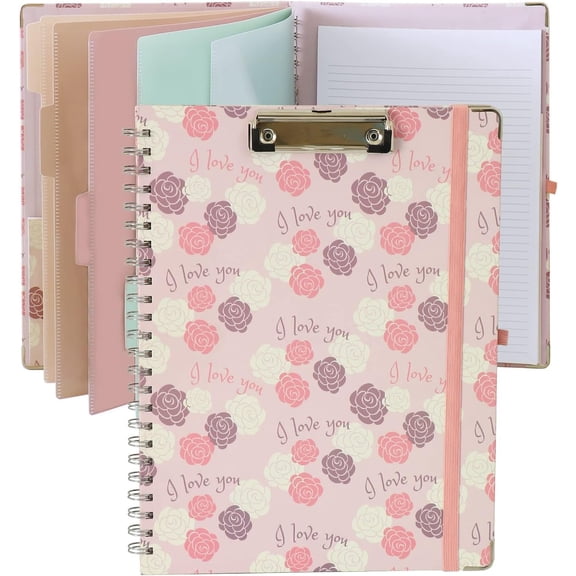 Clipboard Folio Spiral Folder Board,5 Extra Folders with 10 Storage Pockets,Refillable Lined Fillable Notepad,Folded Clipboard with Storage,Suitable for Office,School and Student ( Love Flower)