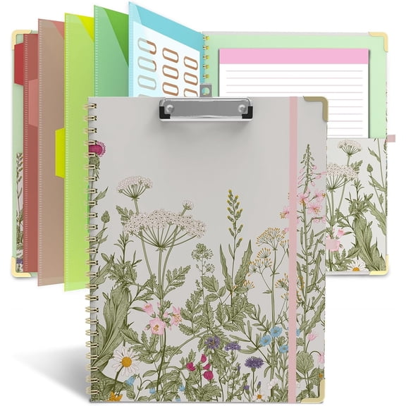 Clipboard Folio with Storage 8.5 X 11 Padfolio Notebook, Clipboards with Notepad Spiral with 10 Pockets and 5 Folders Teacher School Essentials (Garden )