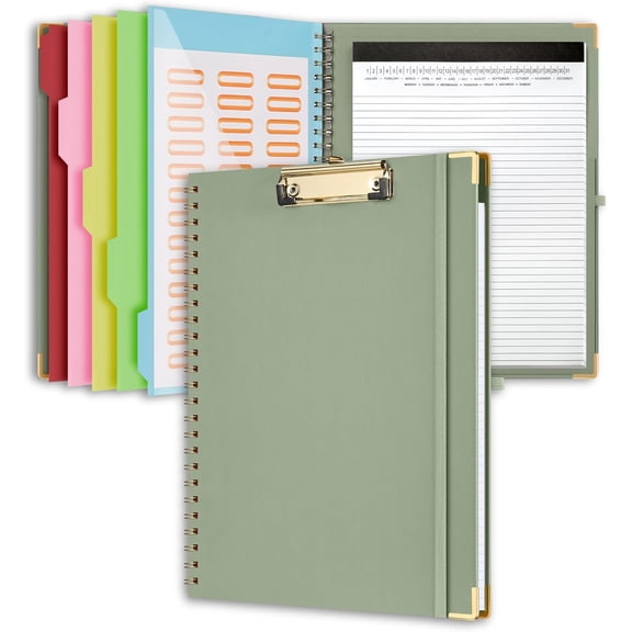 Clipboard Folio with Storage, Sturdy Sage Green Cover, 5 Dividers & 10 Pockets, Refillable Notepad - Portable File Organizer for Students, Teachers, & Professionals