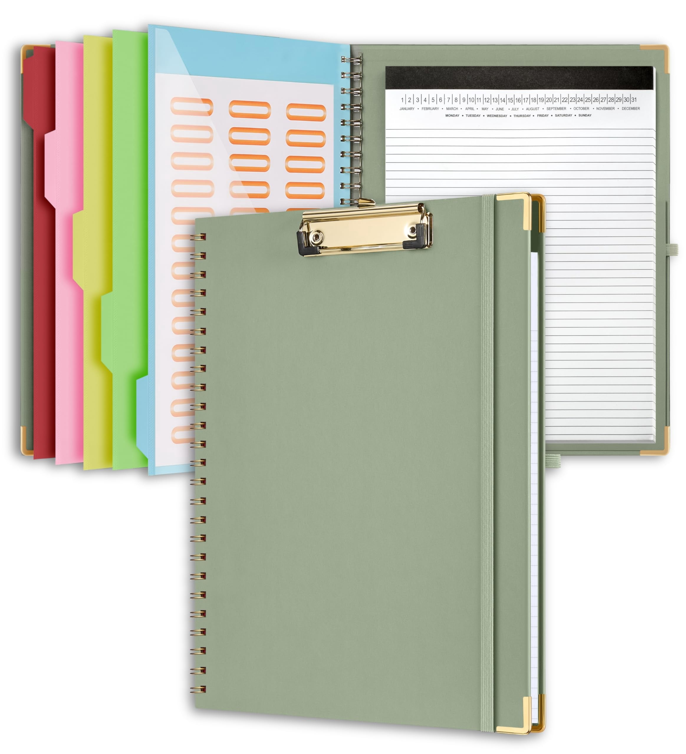 Clipboard Folio With Storage  Sturdy Sage Green Cover 5 Dividers & 10 Pockets Refillable Notepad - Portable File Organizer For Students Teachers Professionals