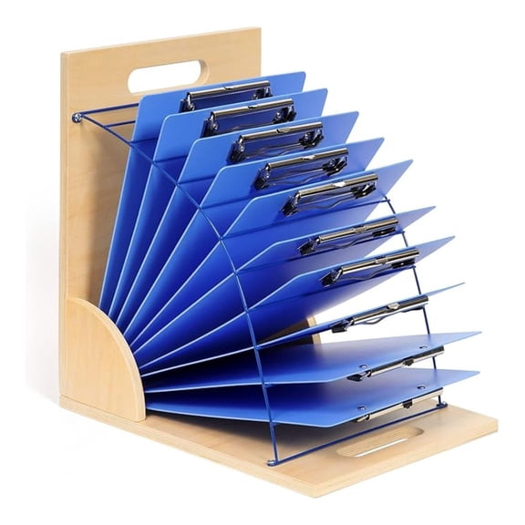 Clipboard Holder Wood Metal Stand, Classroom White Board Organizer Rack - 12 Slot Storage for Office School Supplies, 9 Inch Wide Clipboards & Folders - Assembly Required