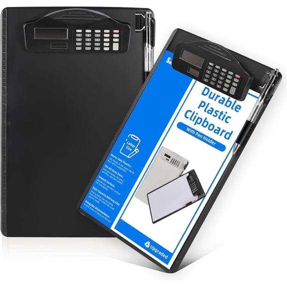 Clipboard with Pen Holder & Calculator, [20% Thicker & Durable] Plastic Clip Board with Side Ruler, 9x13 Hanging Contractor Clipboard for Letter Size/A4 Paper, for Work, Office, School,Black