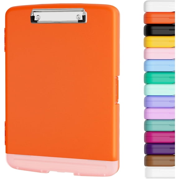 Clipboard with Storage, 8.5 x 11 Organization Box with Pen Holder and A4 Legal Paper Folder, Folio & Side-Opening, Low Profile Clip,for Nurses,Teachers, Size 14 x 9.6 x 1.2 in,Orange