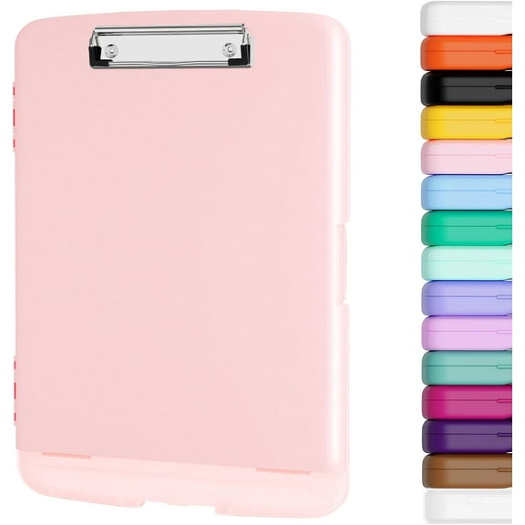 Clipboard with Storage, 8.5 x 11 Organization Box with Pen Holder and A4 Legal Paper Folder, Folio & Side-Opening, Low Profile Clip,for Nurses,Teachers, Size 14 x 9.6 x 1.2 in,Pink