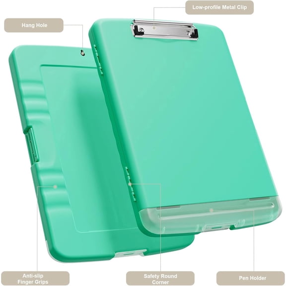 Clipboard with Storage, 8.5 x 11 Organization Box with Pen Holder and A4 Legal Paper Folder, Folio & Side-Opening, Low Profile Clip,for Nurses,Teachers, Size 14 x 9.6 x 1.2 in, Green