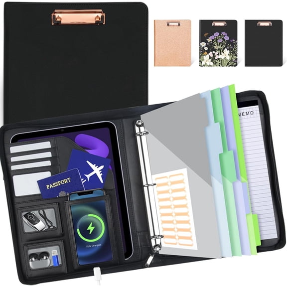 Clipboard with Storage for Men Women, Leather Padfolio Portfolio with Zipper, 1 Inch 3 Ring Binder 5 Dividers, Notepad for Letter Size, Elastic Closure and Pen Loop, Card Slot Black