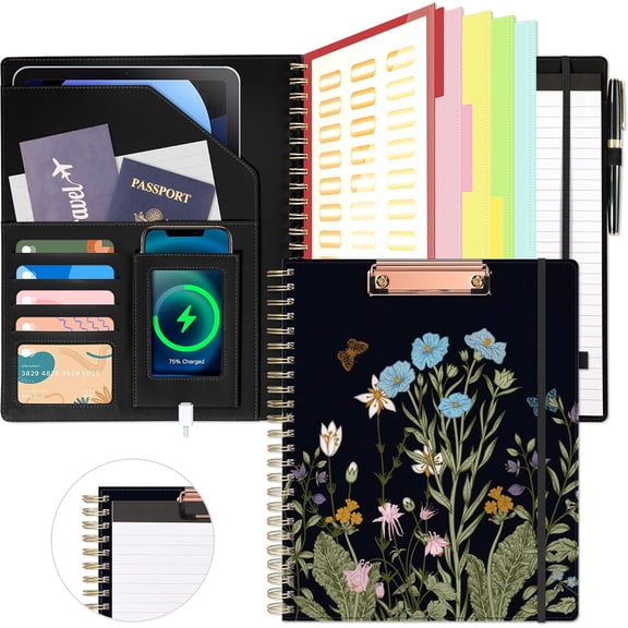 Clipboard with Storage for Women, Leather Padfolio Portfolio Organizer 5 Folders with 10 Pockets, Spiral Clipboard Folio with Notepad for Letter Size, Elastic Closure and Pen Loop Floral