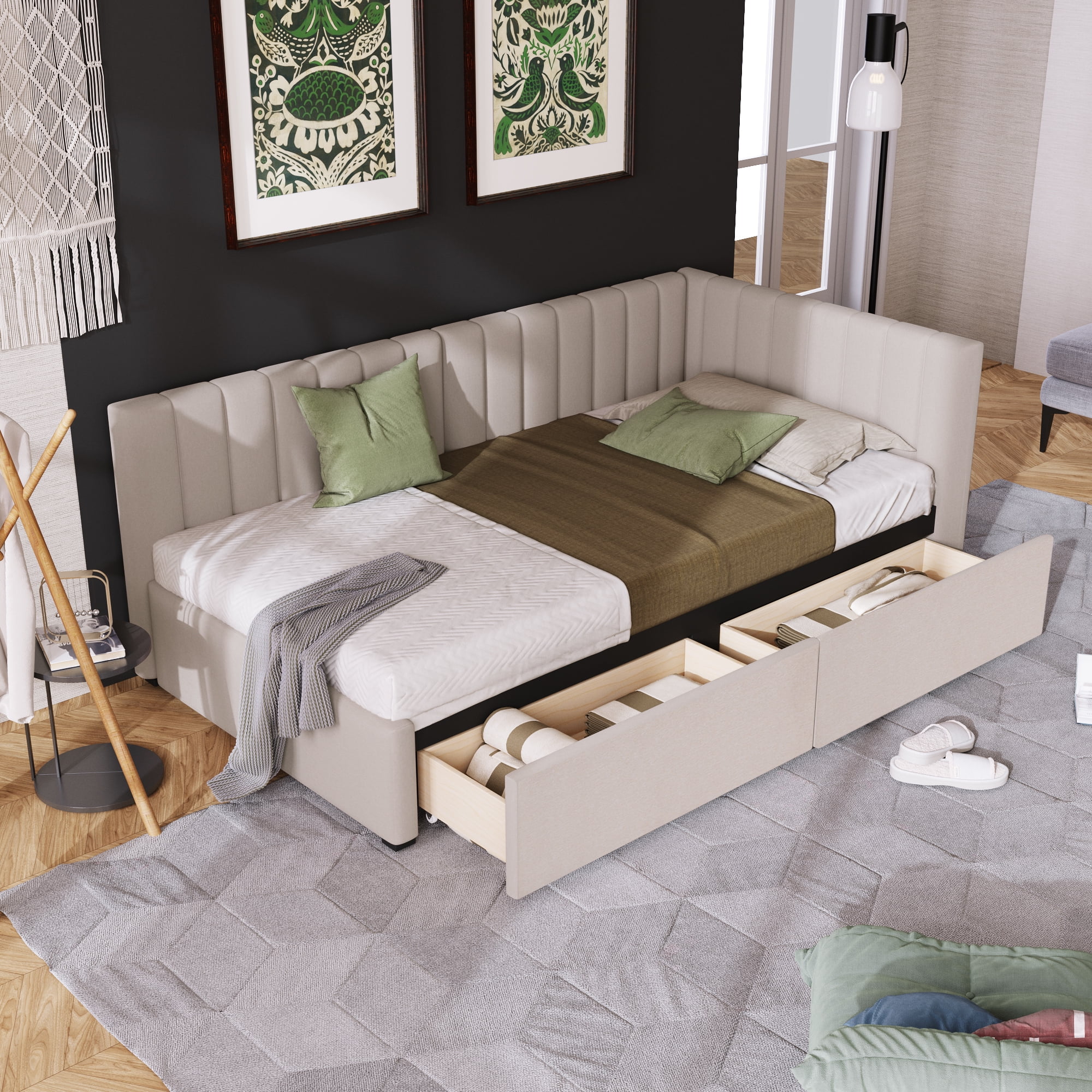 Clipeyh Classic Wood+Linen Upholstered Twin Size Daybed with 2 Storage Drawers Beige