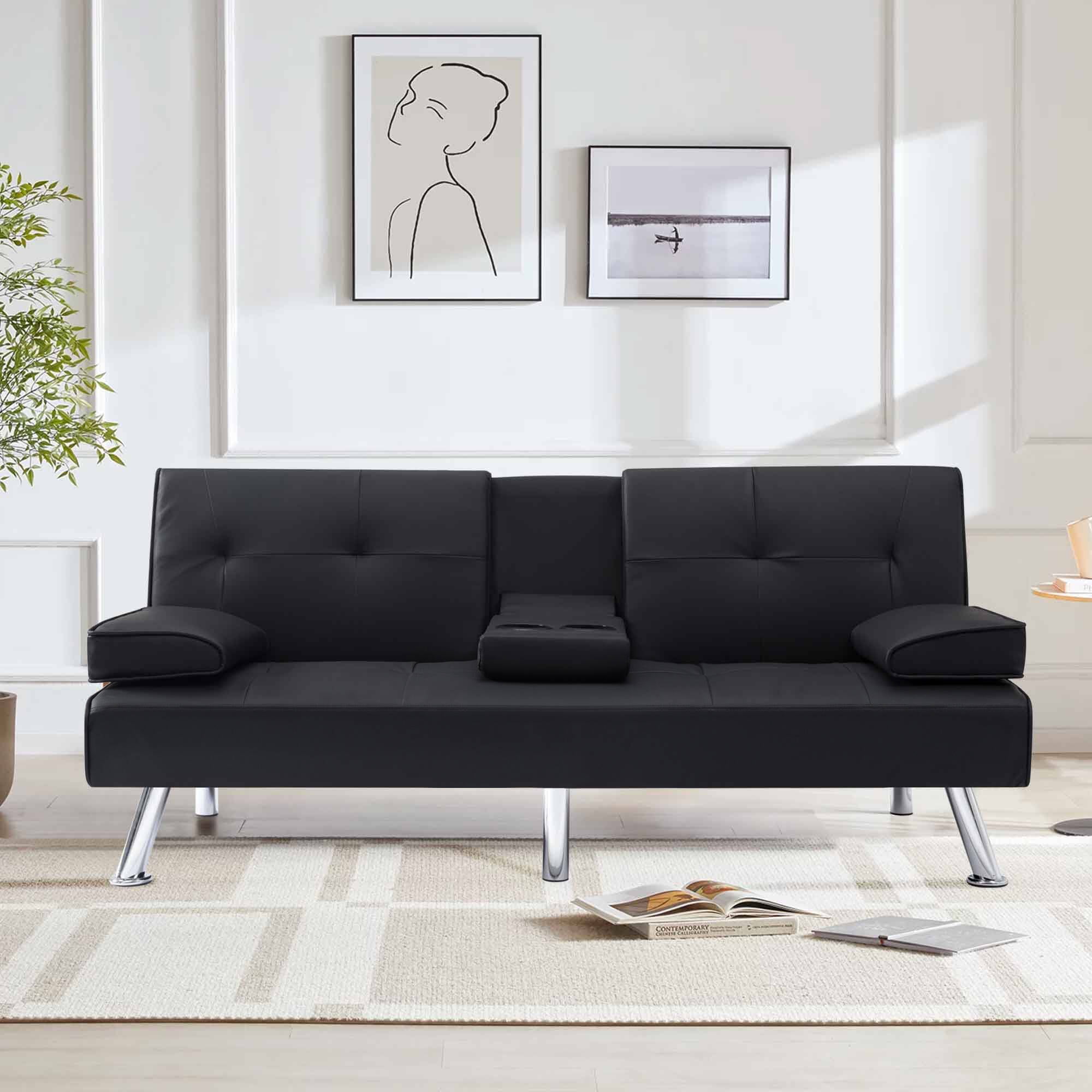 Clipeyh Faux Leather Futon with Cupholders and Pillows Modern Convertible Sofa Bed Couch