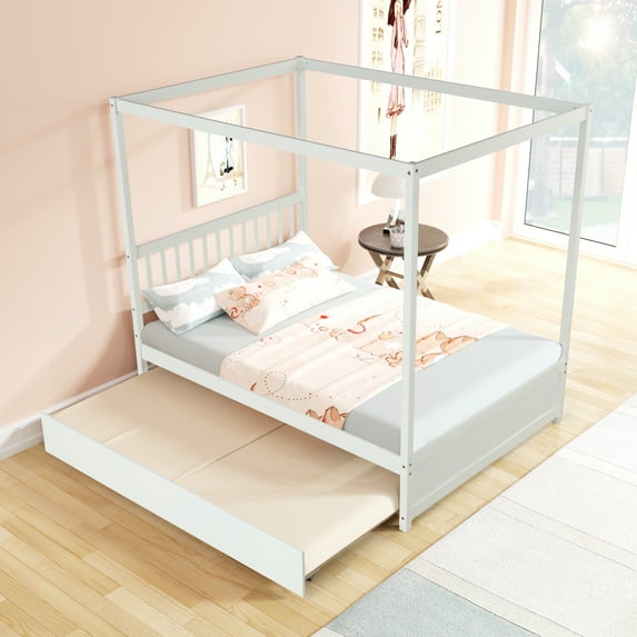 Clipeyh Kids Full Size Contemporary Pinewood Canopy Beds, White