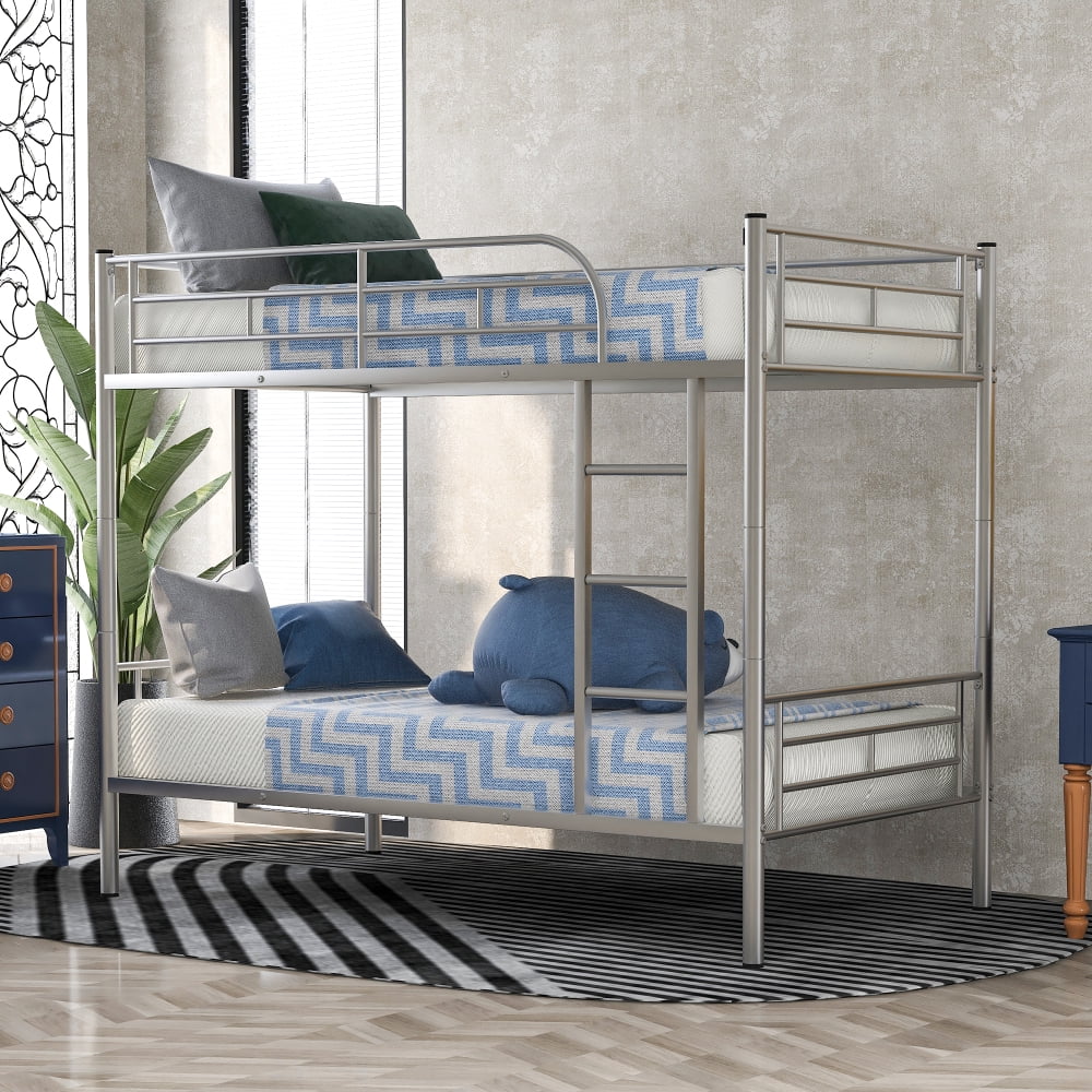 Clipeyh Metal Twin over Twin Bunk Bed with Guardrail and Ladder, Silver