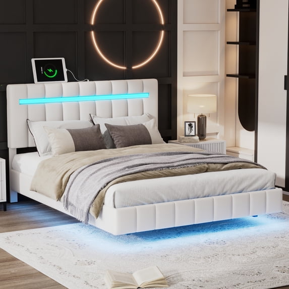 Clipeyh Modern Floating Bed Frame with LED Lights and USB Charging ...
