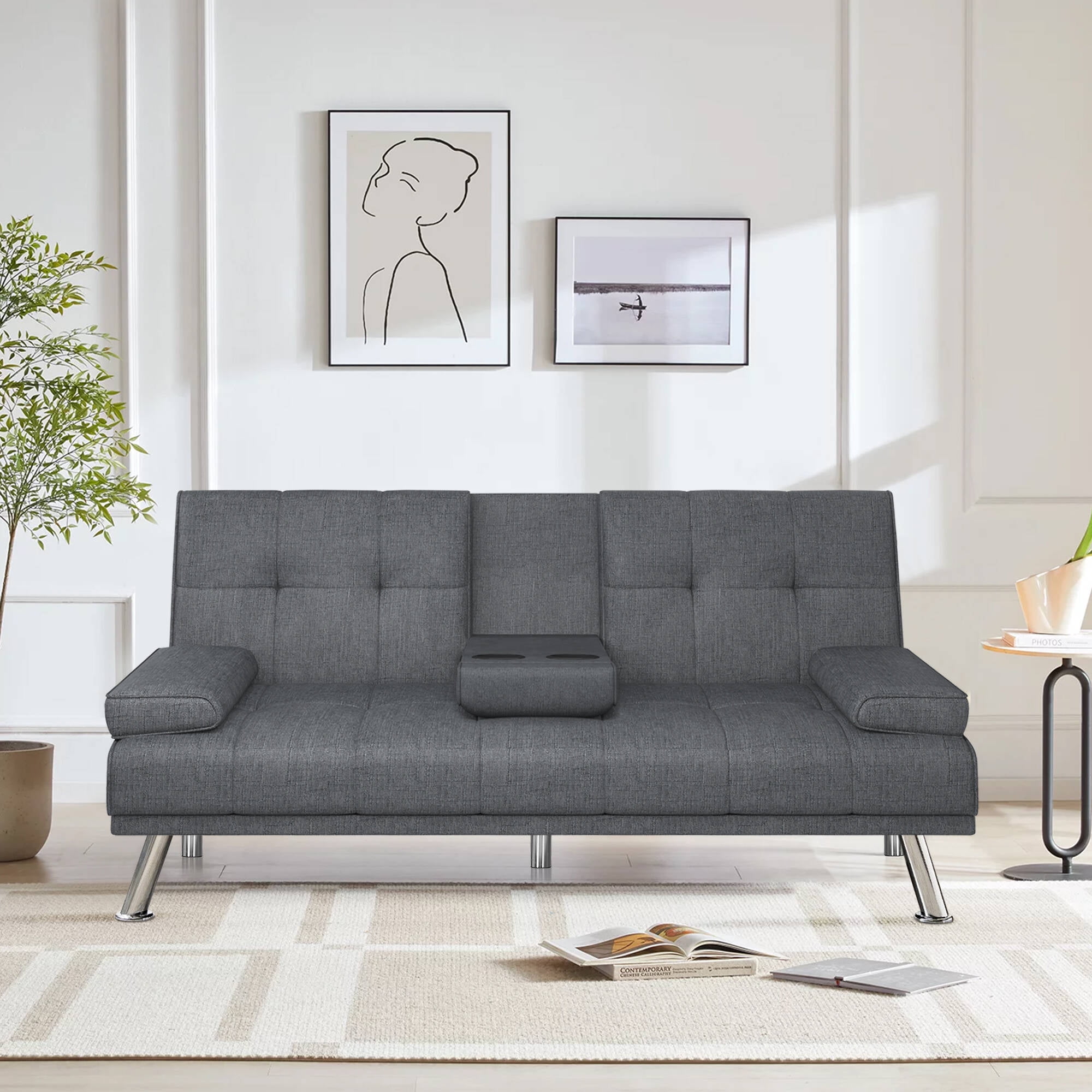 Clipeyh Modern Sofa Bed Folding Linen Futon Removable Armrests with 2 ...