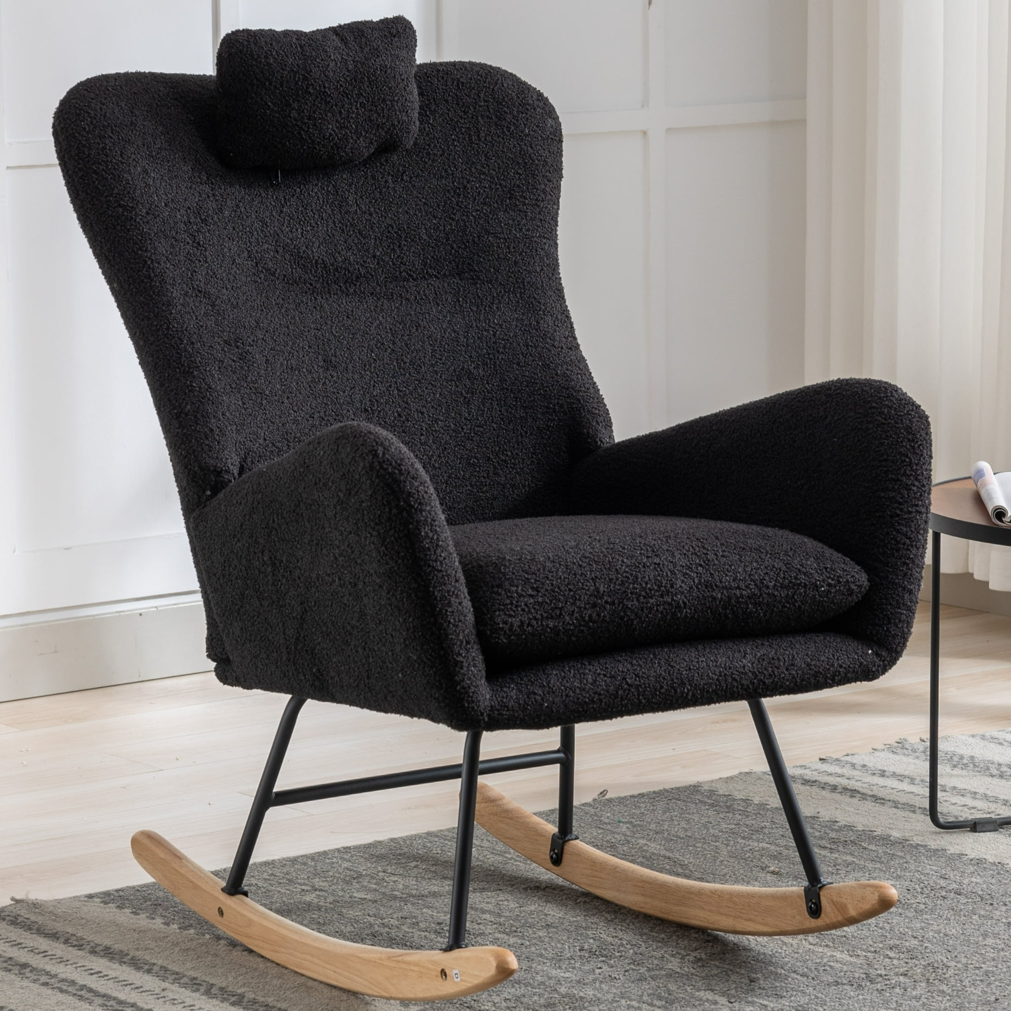 Clipeyh Teddy Fleece Upholstered Glider Rocking Chair, Black