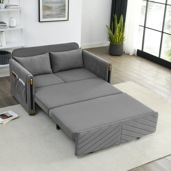 Clipeyh Velvet Convertible Futon Sofa Bed with Pull-Out Sleeper 2 Pillows,Twin, Gray