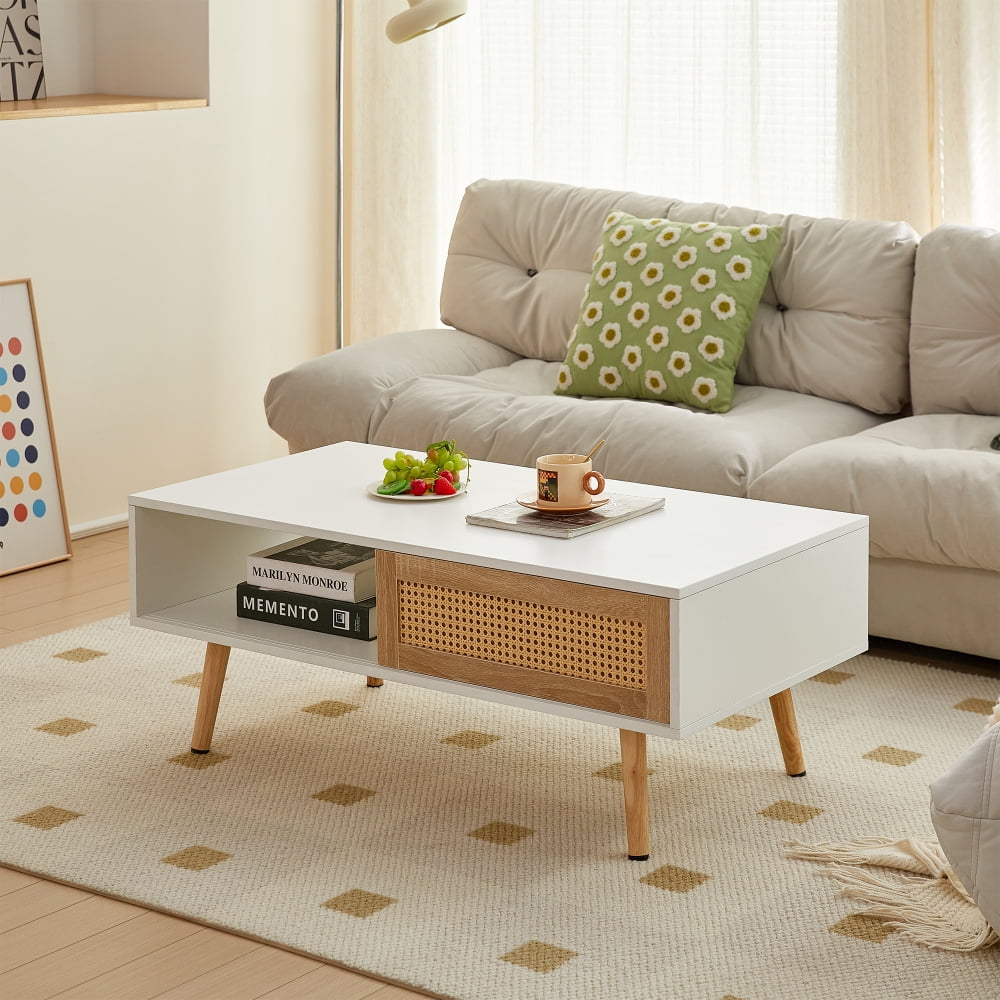 Leumius Wooden Coffee Table with Rattan Sliding Storage Door, White