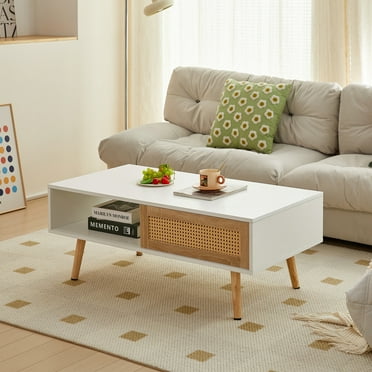 Clipeyh Wooden Coffee Table with Rattan Sliding Storage Door, White