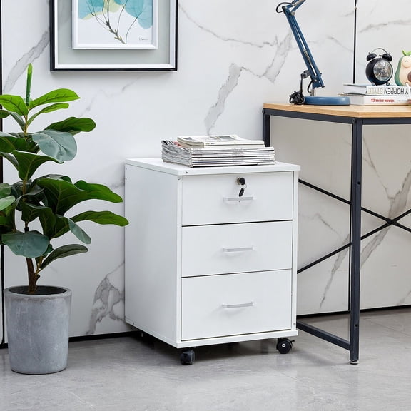 Clipop 3 Drawers Mobile File Cabinet,Lockable Wooden Rolling Filing Cabinet,A4 Sized Documents,White