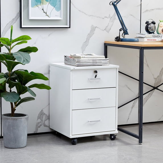 Clipop 3 Drawers Mobile File Cabinet,Lockable Wooden Rolling Filing Cabinet,A4 Sized Documents,White